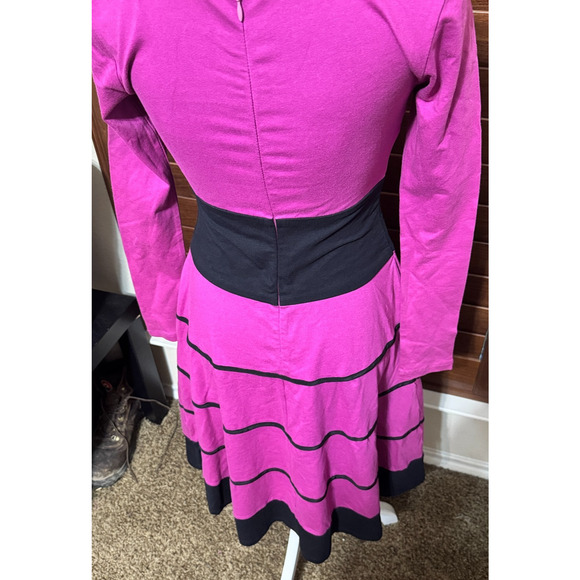 eShakti Fit n Flare Bright Pink Dress Size 0 XS black stripes long sleeve - Picture 5 of 8